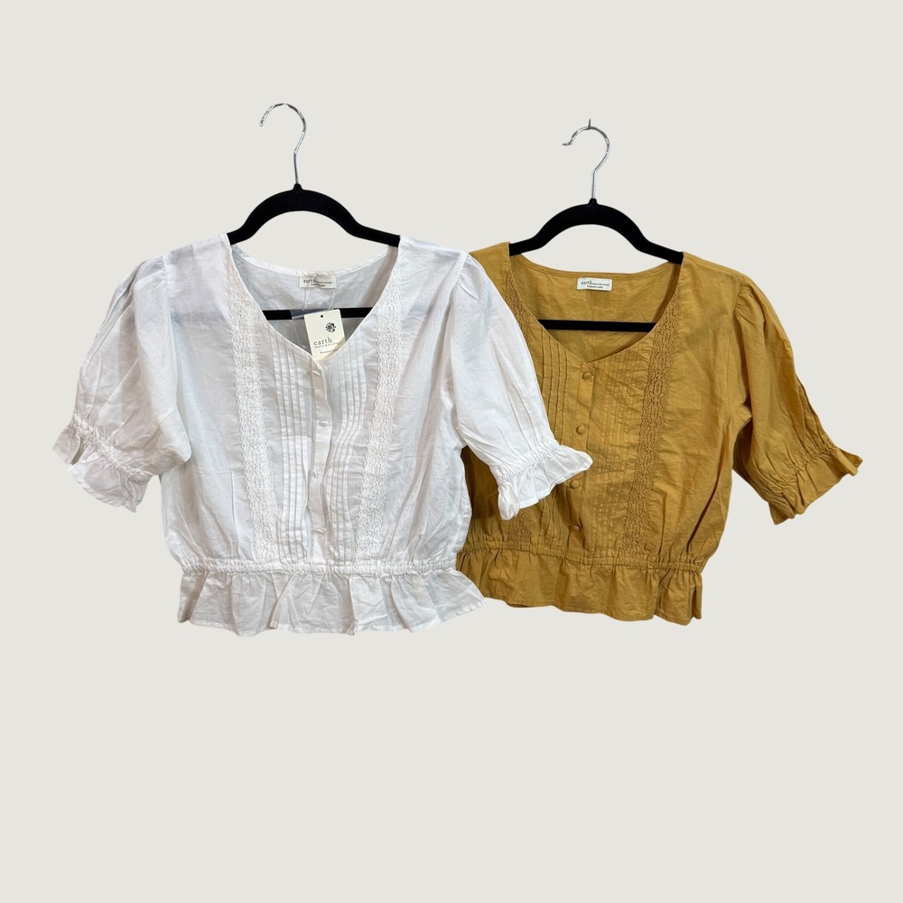 Earth Music & Ecology Top Set White Mustard Lace Peplum Romantic Sz F (S/M) READ